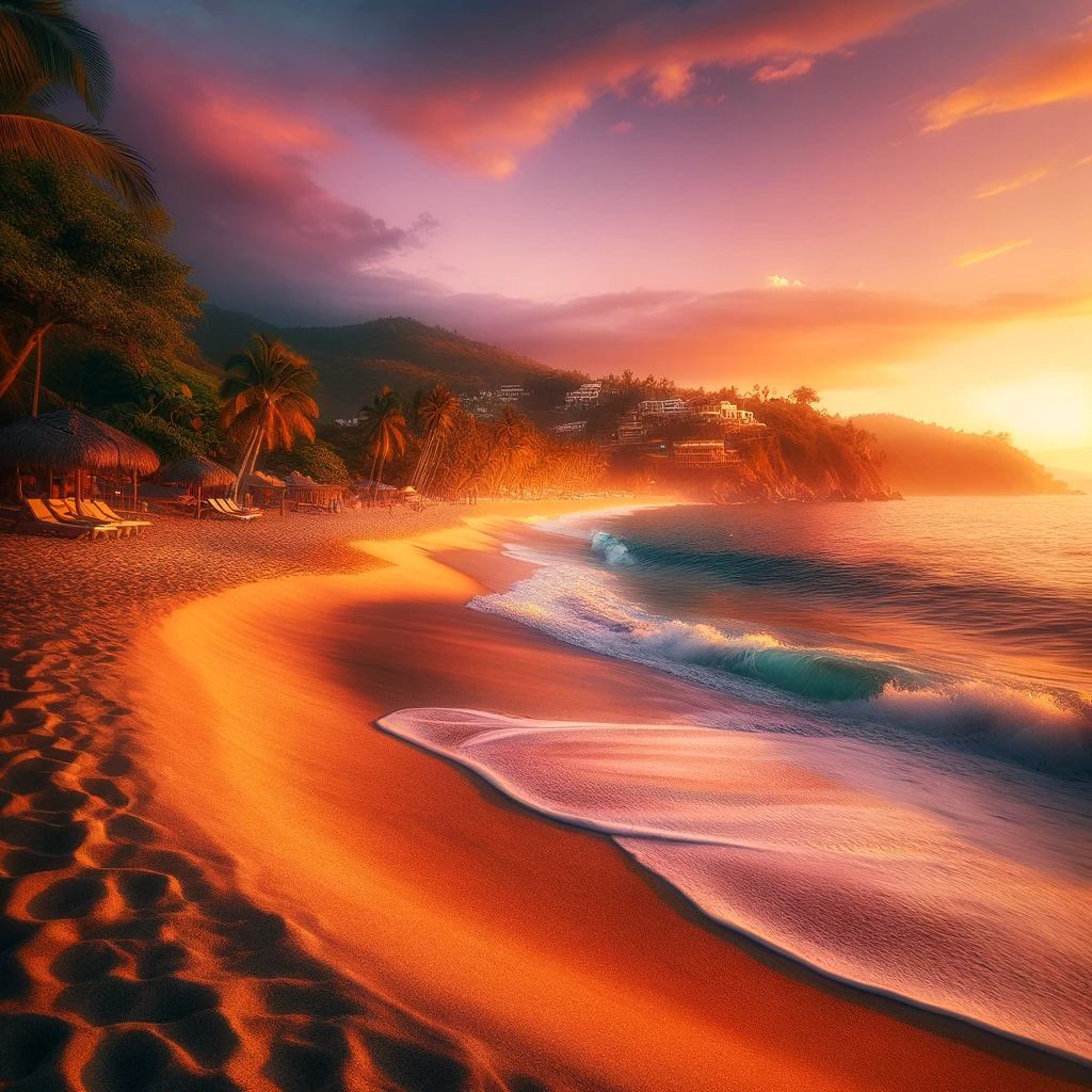 A picturesque sunset at Boca de Tomates Beach, with golden sand and gentle waves.