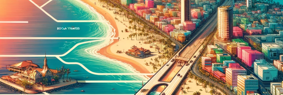 Stylized map illustrating the vibrant journey from Puerto Vallarta's cityscape to the serene Boca de Tomates Beach, capturing the essence of both destinations