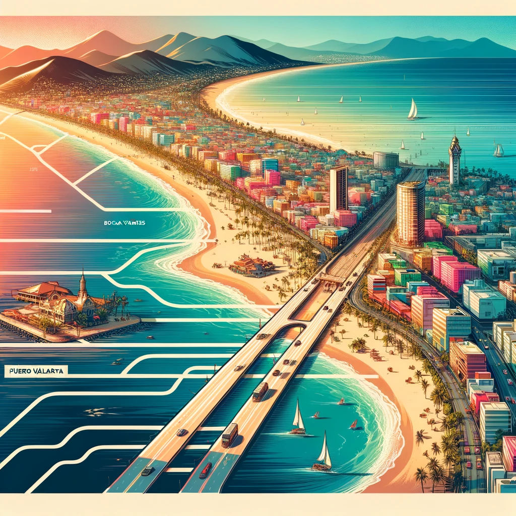 Stylized map illustrating the vibrant journey from Puerto Vallarta's cityscape to the serene Boca de Tomates Beach, capturing the essence of both destinations