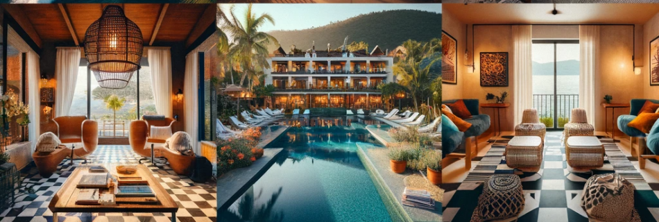 Collage of various accommodations near Boca de Tomates Beach, showcasing luxury resorts, boutique hotels, Airbnb apartments, and bed and breakfasts.