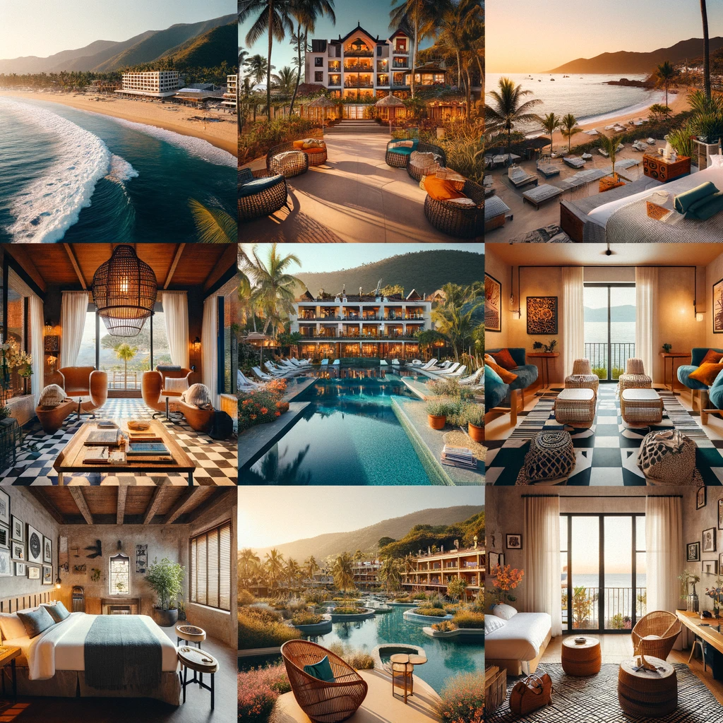 Collage of various accommodations near Boca de Tomates Beach, showcasing luxury resorts, boutique hotels, Airbnb apartments, and bed and breakfasts.