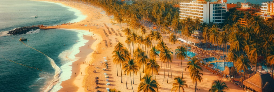 Vibrant scene at Playa De Oro in Puerto Vallarta, with golden sands, lush palm trees, and Sierra Madre mountains in the background, depicting a lively beach atmosphere.