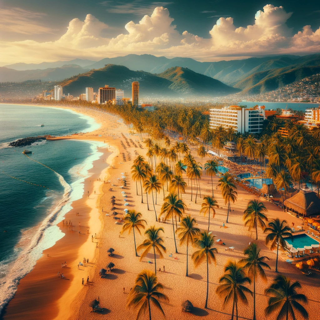 Vibrant scene at Playa De Oro in Puerto Vallarta, with golden sands, lush palm trees, and Sierra Madre mountains in the background, depicting a lively beach atmosphere.