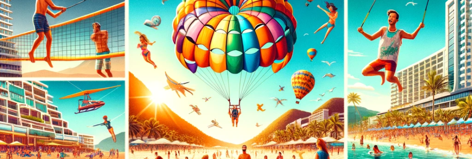 Collage showcasing activities like parasailing, beach volleyball, and horseback riding at Playa De Oro.