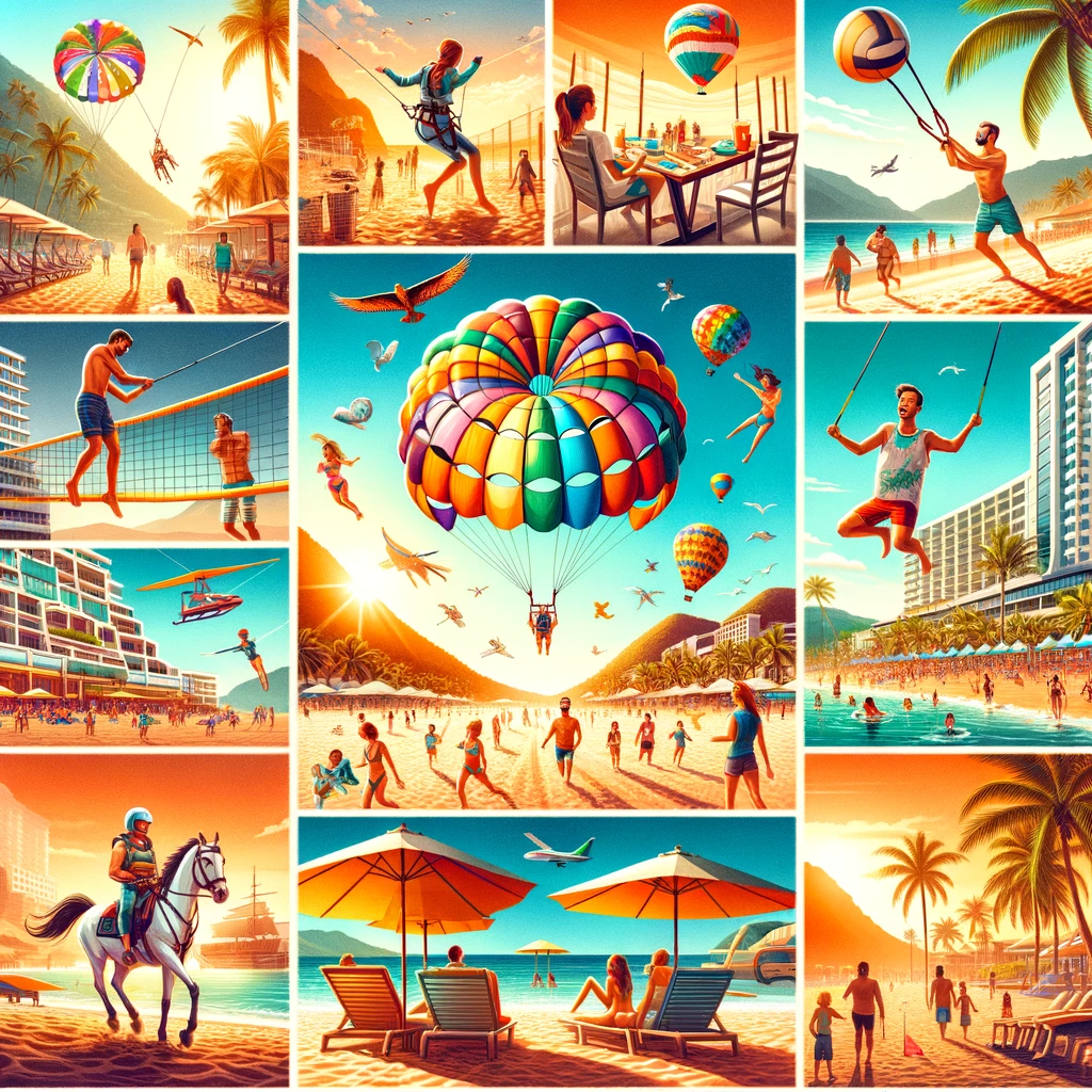 Collage showcasing activities like parasailing, beach volleyball, and horseback riding at Playa De Oro.