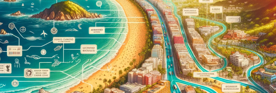 Artistic and informative map illustrating the route to Playa De Oro in Puerto Vallarta, blending practical directions with the scenic beauty of the destination.