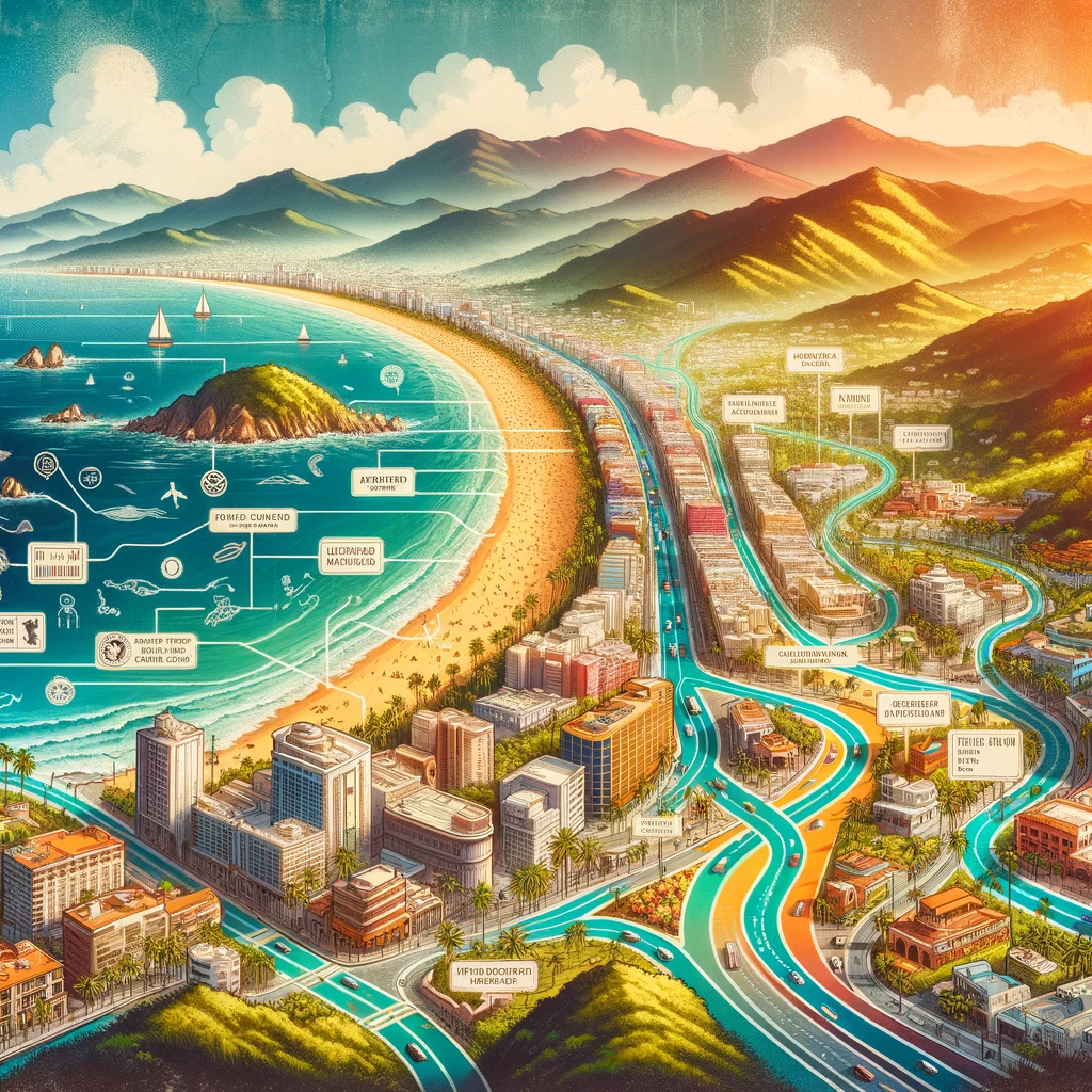Artistic and informative map illustrating the route to Playa De Oro in Puerto Vallarta, blending practical directions with the scenic beauty of the destination.