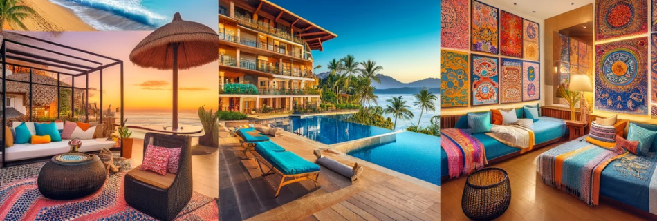 A collage showcasing Sheraton Buganvilias Resort, Hotel Mousai, Villa del Palmar, Airbnb beachfront condos, and Hotel Posada de Roger near Playa De Oro.