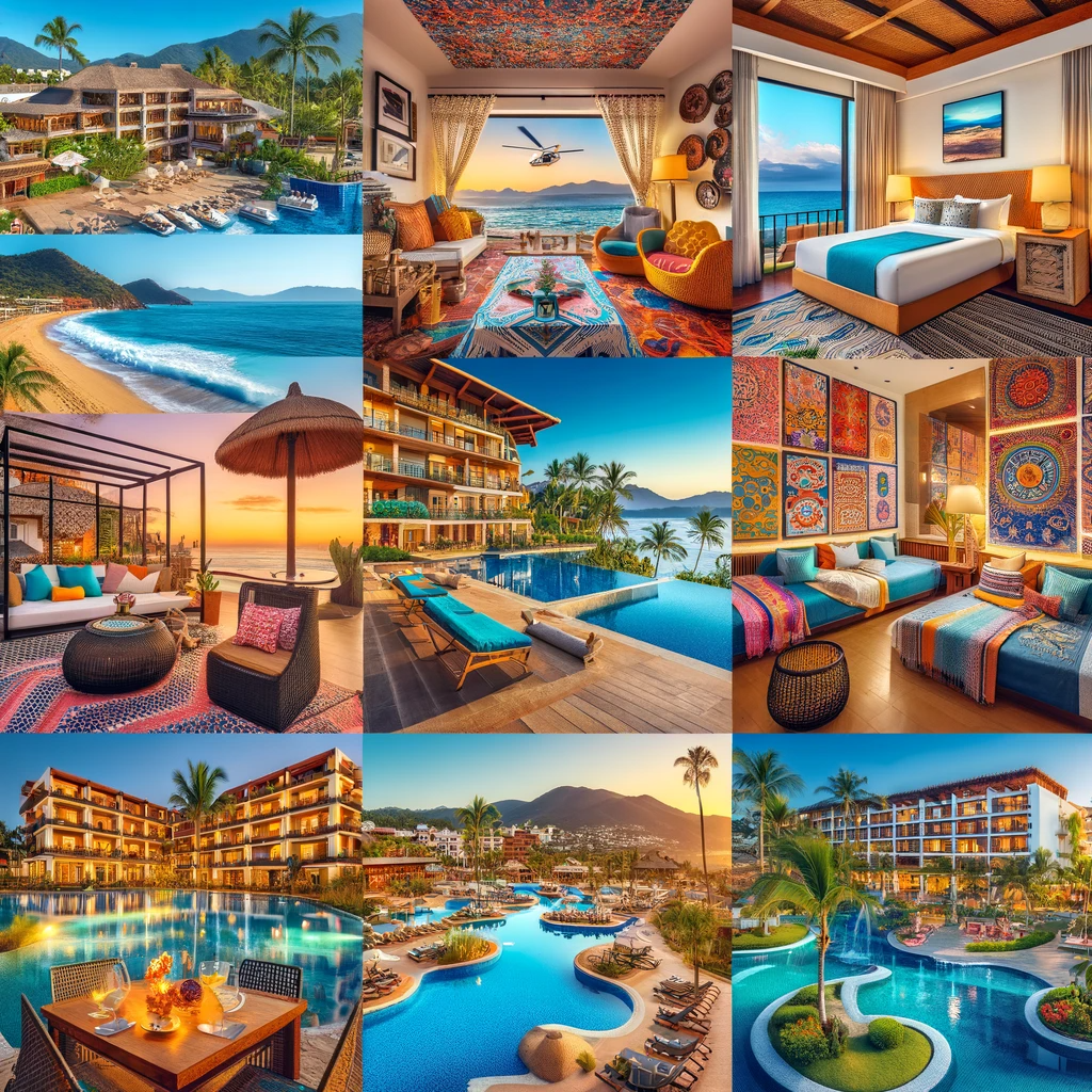 A collage showcasing Sheraton Buganvilias Resort, Hotel Mousai, Villa del Palmar, Airbnb beachfront condos, and Hotel Posada de Roger near Playa De Oro.