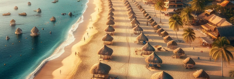 Peaceful view of Los Tules Beach in Puerto Vallarta, showcasing golden sands, clear waters, traditional palapas, and lush tropical surroundings.