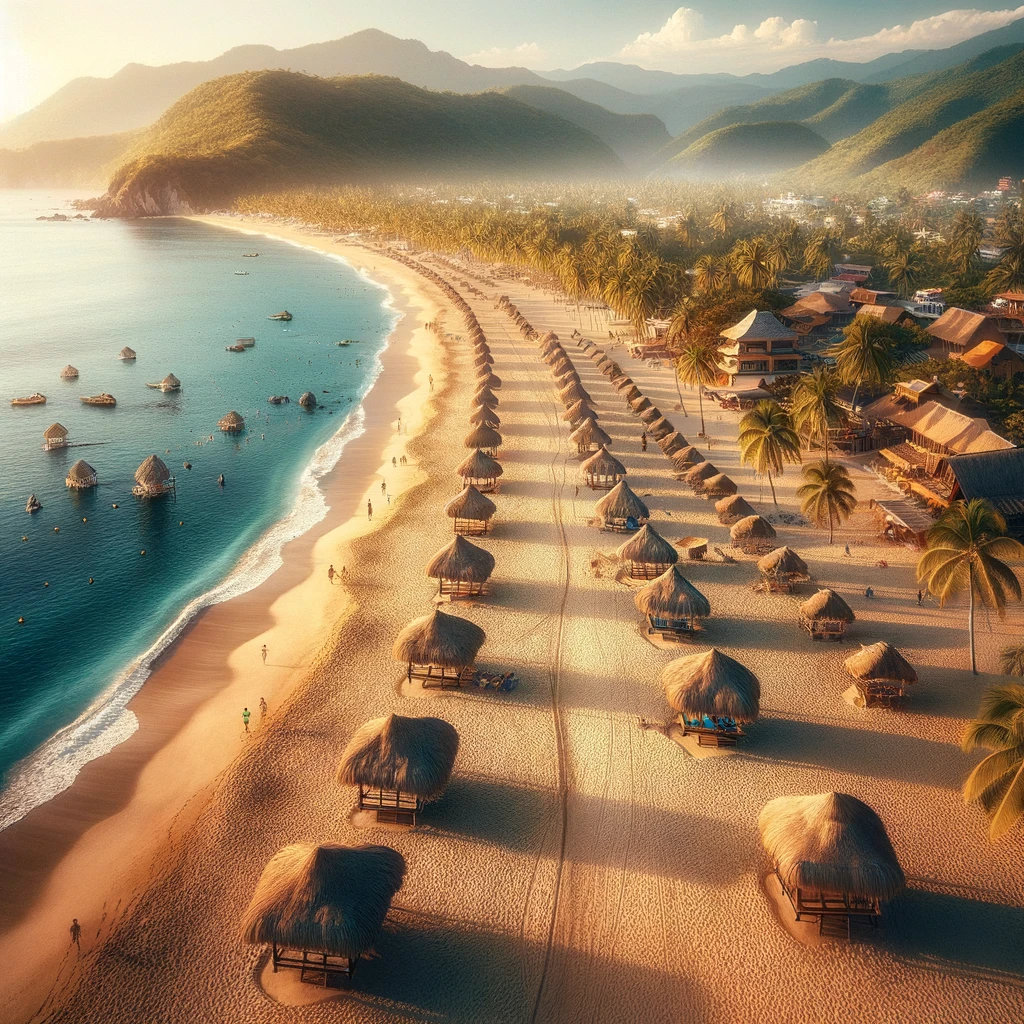 Peaceful view of Los Tules Beach in Puerto Vallarta, showcasing golden sands, clear waters, traditional palapas, and lush tropical surroundings.