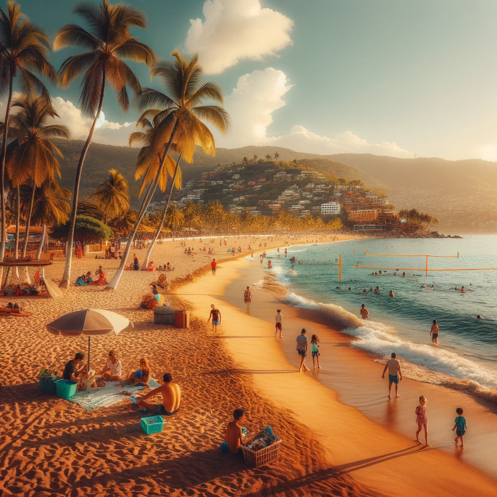 Families and couples enjoying various activities at Los Tules Beach, Puerto Vallarta