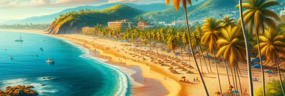 A serene view of Los Tules Beach in Puerto Vallarta with golden sands and clear blue waters.