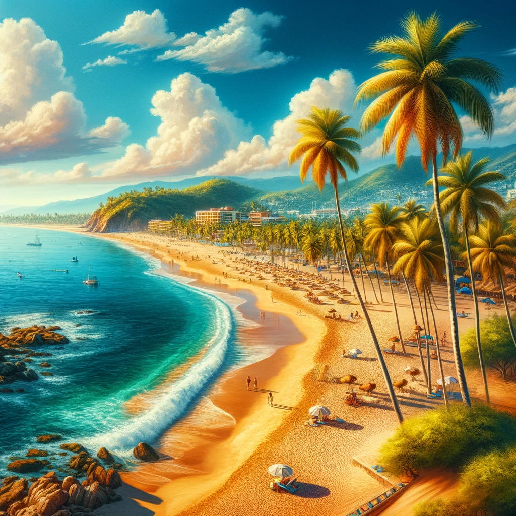 A serene view of Los Tules Beach in Puerto Vallarta with golden sands and clear blue waters.