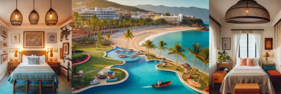 A collage showcasing various accommodations near Los Tules Beach, Puerto Vallarta