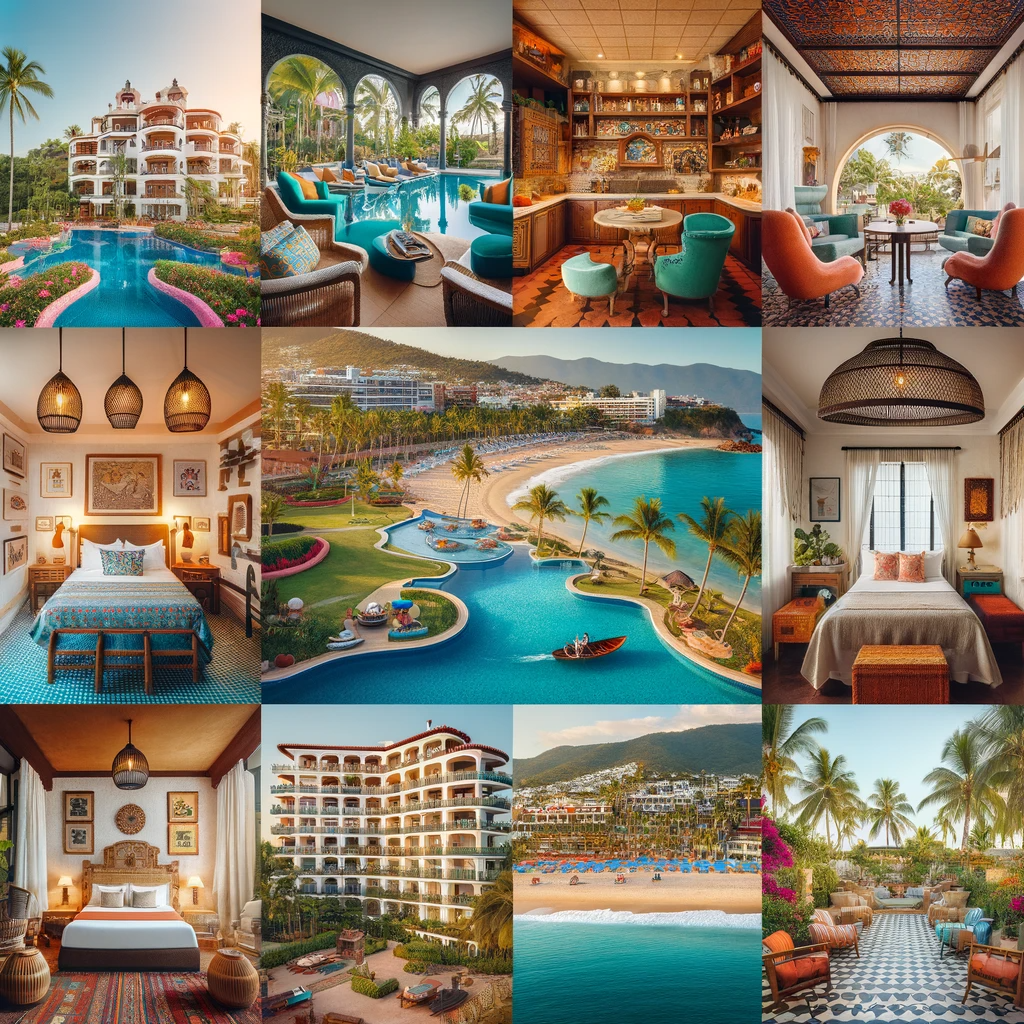 A collage showcasing various accommodations near Los Tules Beach, Puerto Vallarta