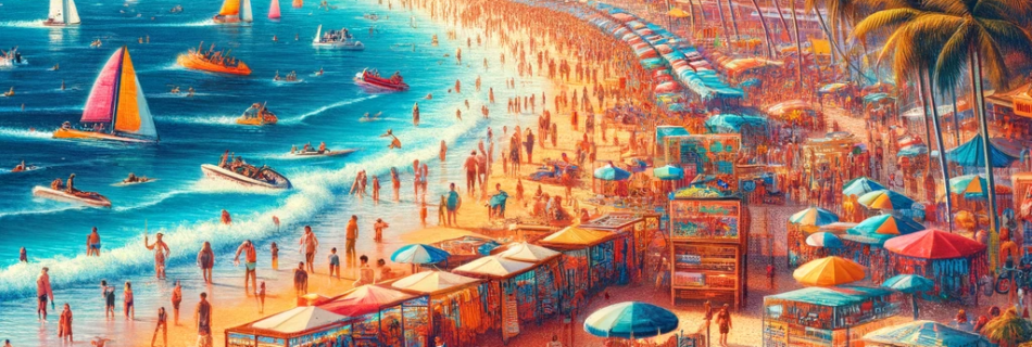 A vibrant scene at Las Glorias Beach with beach umbrellas, water sports, and a mix of tourists and locals.