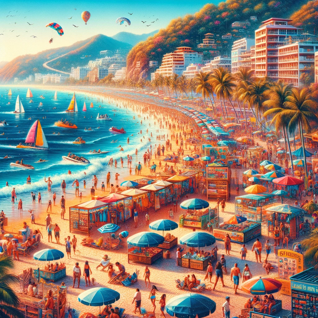 A vibrant scene at Las Glorias Beach with beach umbrellas, water sports, and a mix of tourists and locals.