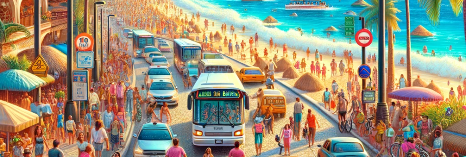 The lively entrance to Las Glorias Beach, showing various modes of transport and the welcoming beach sign.