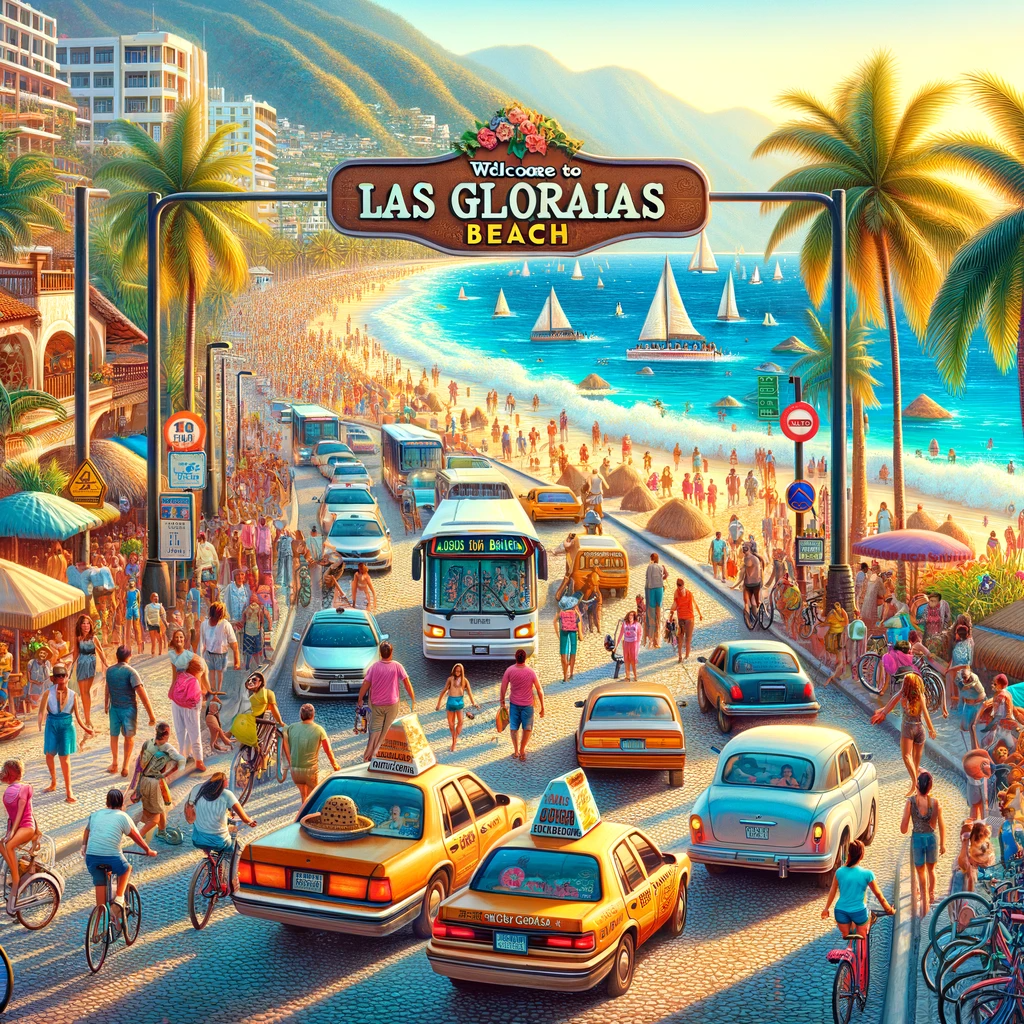 The lively entrance to Las Glorias Beach, showing various modes of transport and the welcoming beach sign.