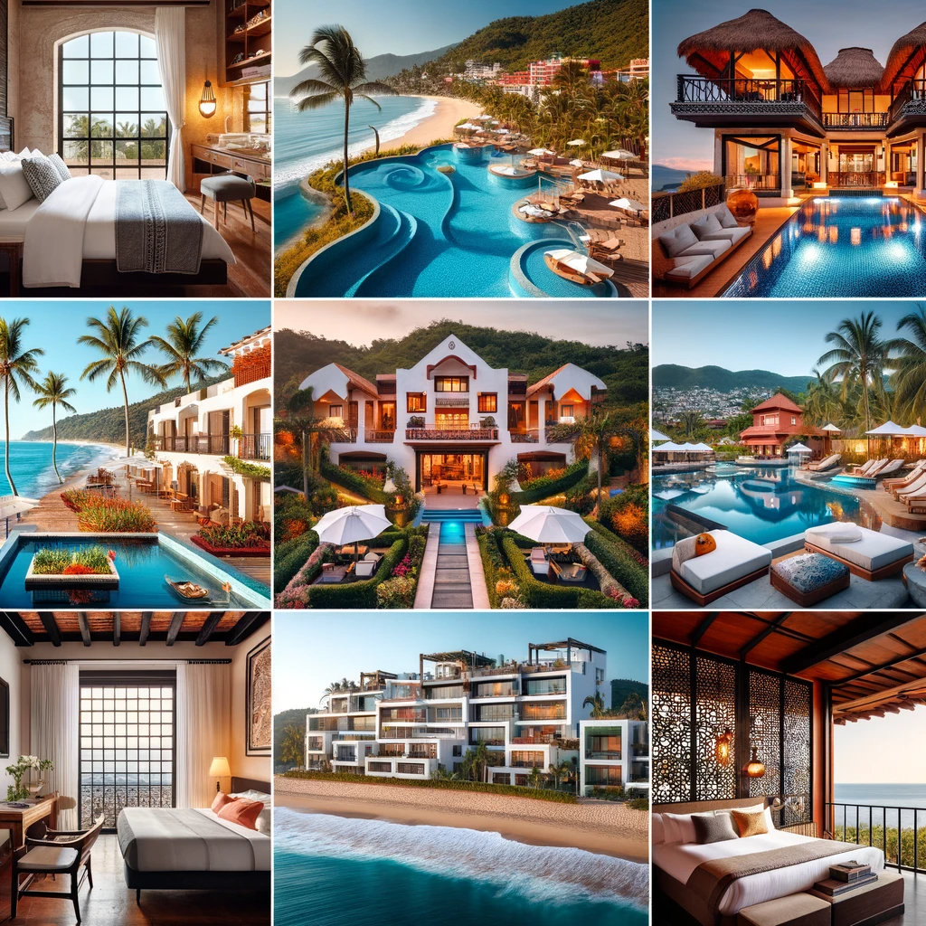 A collage showing various places to stay near Las Glorias Beach, Puerto Vallarta