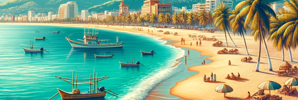 Tranquil scene at Playa Camarones Beach, showing clear waters, traditional boats, and the city skyline.