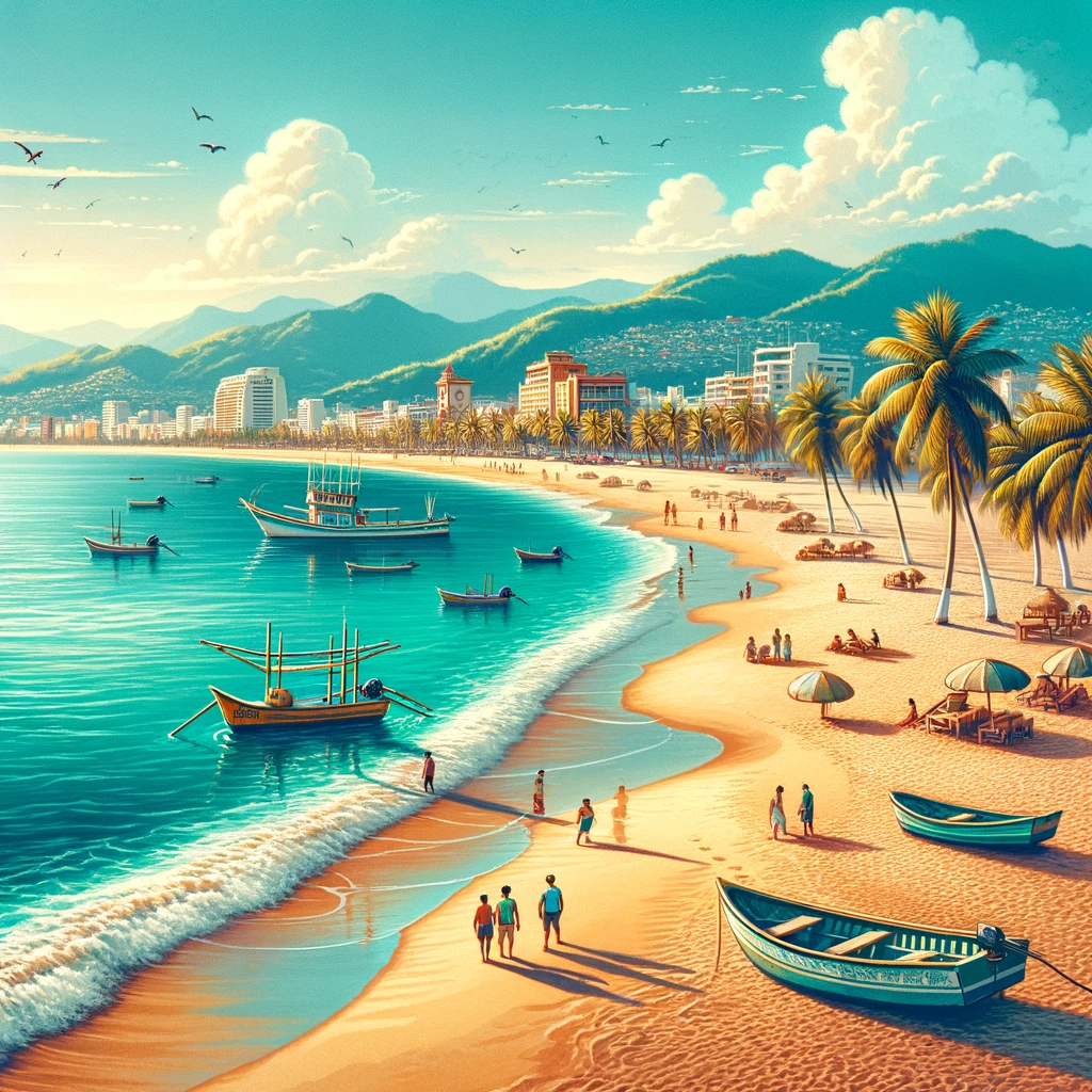 Tranquil scene at Playa Camarones Beach, showing clear waters, traditional boats, and the city skyline.