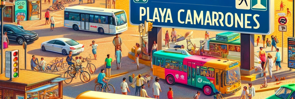 Colorful entrance to Playa Camarones Beach with various transport options and a welcoming atmosphere.