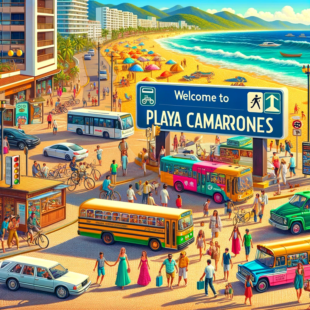 Colorful entrance to Playa Camarones Beach with various transport options and a welcoming atmosphere.