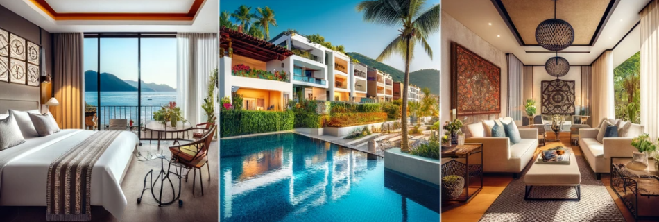 Collage of a beachfront hotel, villa, guesthouse, and condominiums near Playa Camarones Beach
