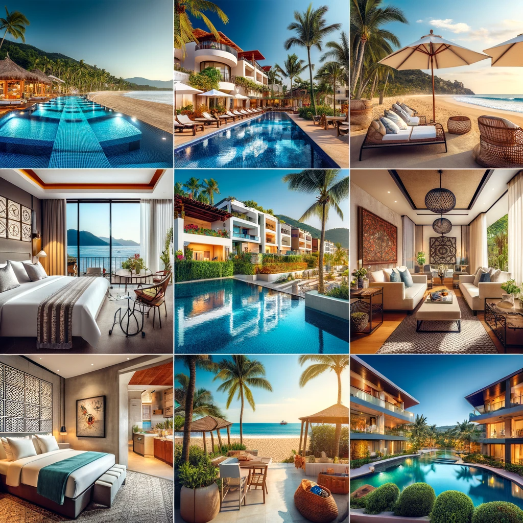Collage of a beachfront hotel, villa, guesthouse, and condominiums near Playa Camarones Beach
