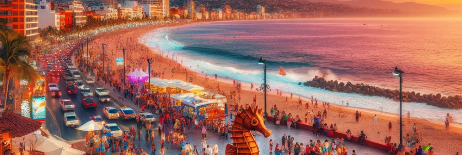 A vibrant and bustling view of Malecon Beach in Puerto Vallarta