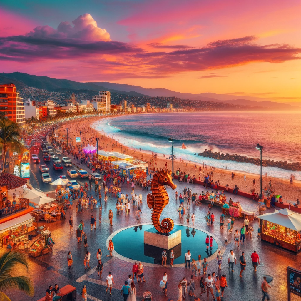 A vibrant and bustling view of Malecon Beach in Puerto Vallarta