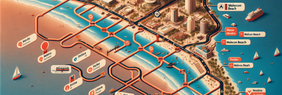 Map highlighting routes to Malecon Beach in Puerto Vallarta