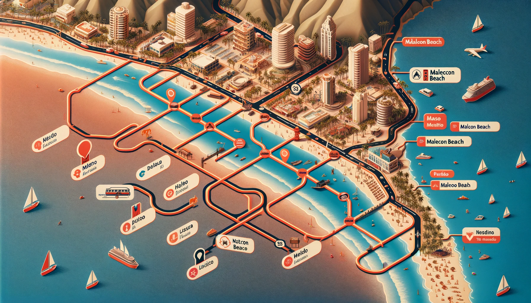 Map highlighting routes to Malecon Beach in Puerto Vallarta