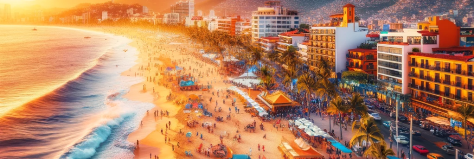 Vibrant sunset at The Malecon Beach in Puerto Vallarta with beachgoers and street performers.