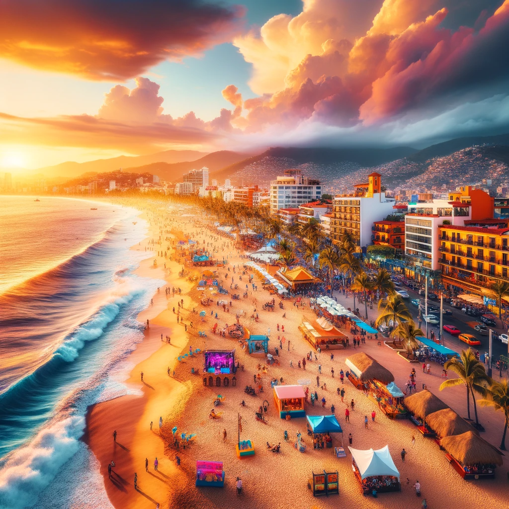Vibrant sunset at The Malecon Beach in Puerto Vallarta with beachgoers and street performers.