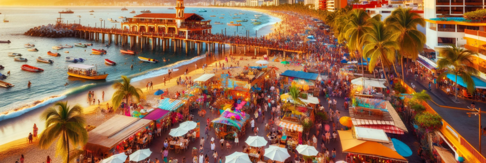 Lively and colorful view of Los Muertos Beach in Puerto Vallarta