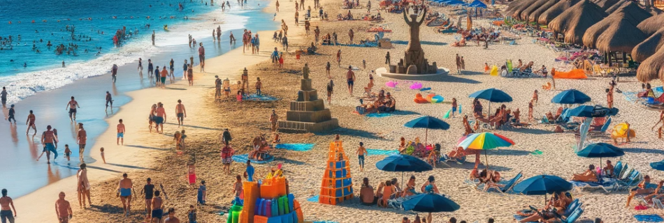 Vibrant activities at Los Muertos Beach with people enjoying sunbathing, beach volleyball, parasailing, and sandcastle building.