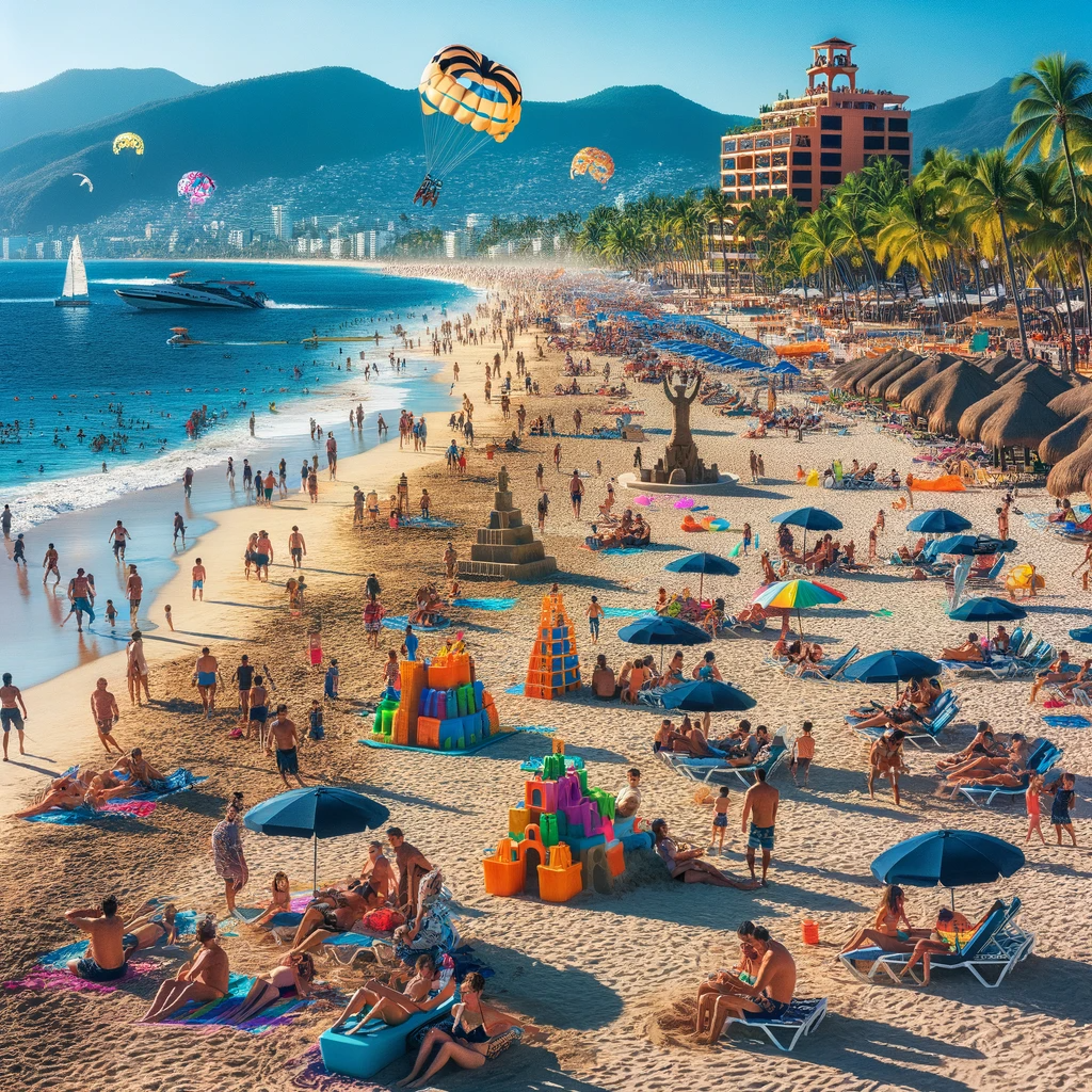 Vibrant activities at Los Muertos Beach with people enjoying sunbathing, beach volleyball, parasailing, and sandcastle building.