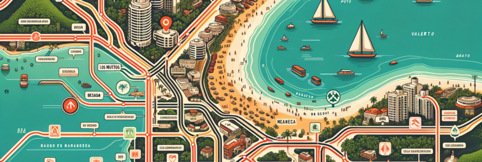 Detailed map showing routes to Los Muertos Beach in Puerto Vallarta