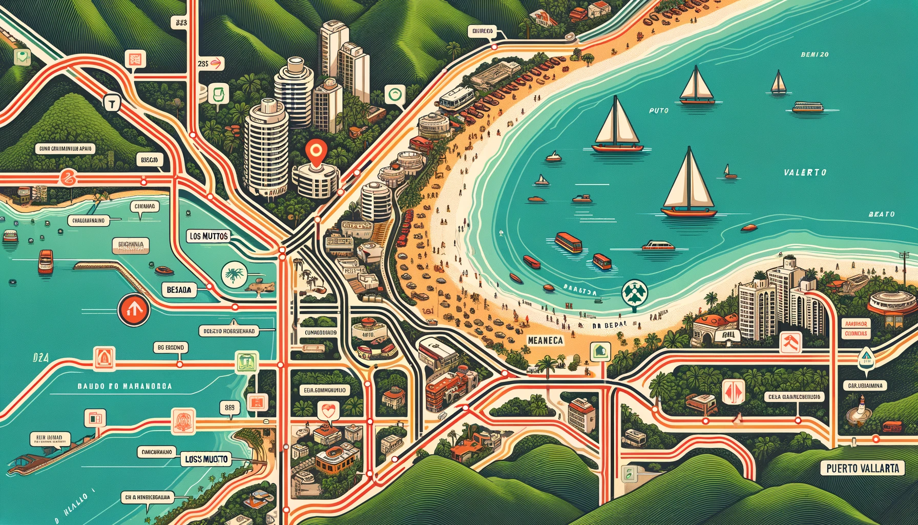 Detailed map showing routes to Los Muertos Beach in Puerto Vallarta