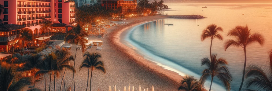 Serene sunset view at Los Muertos Beach with a variety of accommodations in the background.
