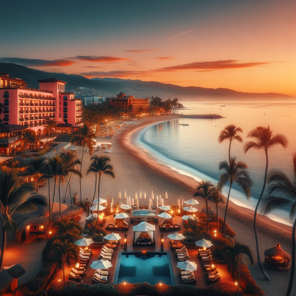 Serene sunset view at Los Muertos Beach with a variety of accommodations in the background.