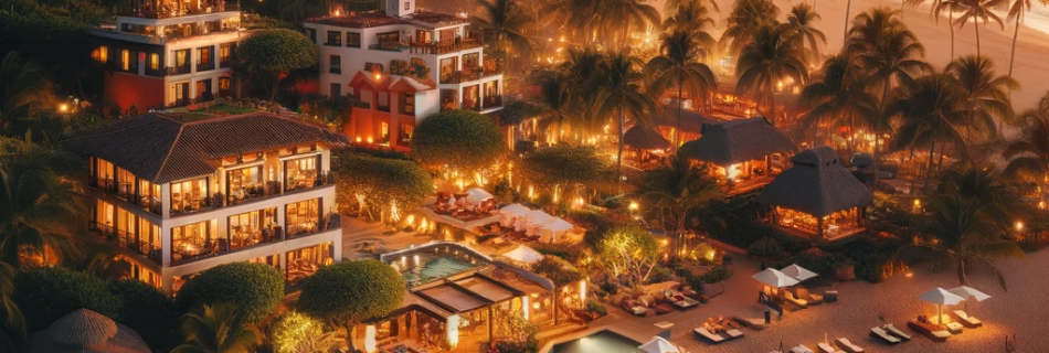 Serene evening at Conchas Chinas Beach with a variety of accommodations including resorts and boutique hotels.