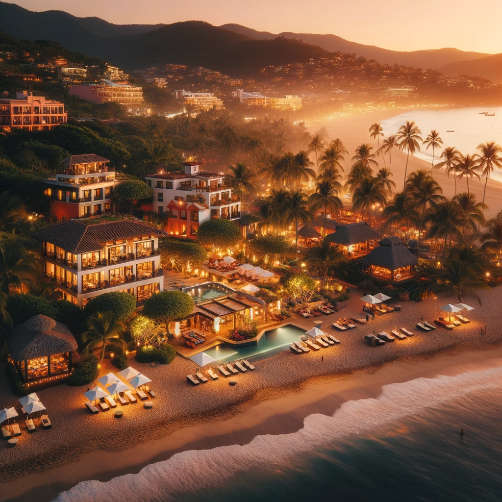 Serene evening at Conchas Chinas Beach with a variety of accommodations including resorts and boutique hotels.