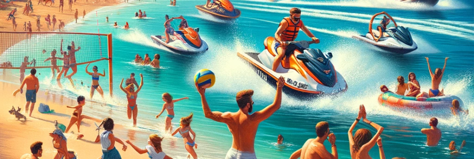 Lively activities at Palmares Beach with people enjoying jet skiing, beach yoga, volleyball, and sandcastle building.