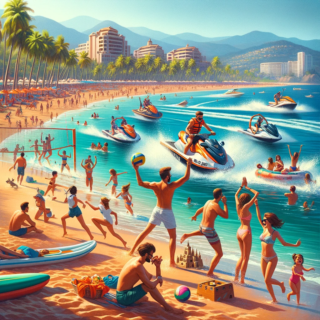 Lively activities at Palmares Beach with people enjoying jet skiing, beach yoga, volleyball, and sandcastle building.