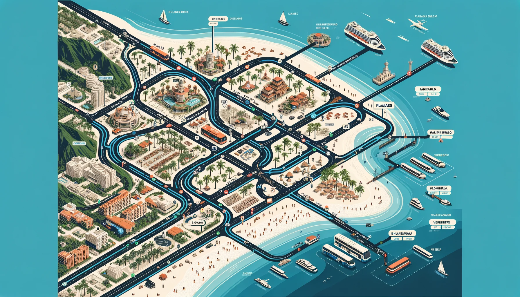 Detailed map showing routes to Palmares Beach in Puerto Vallarta