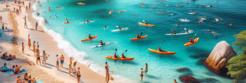 Vibrant activities at Garza Blanca Beach with kayaking, snorkeling, beach yoga, and a family picnic.